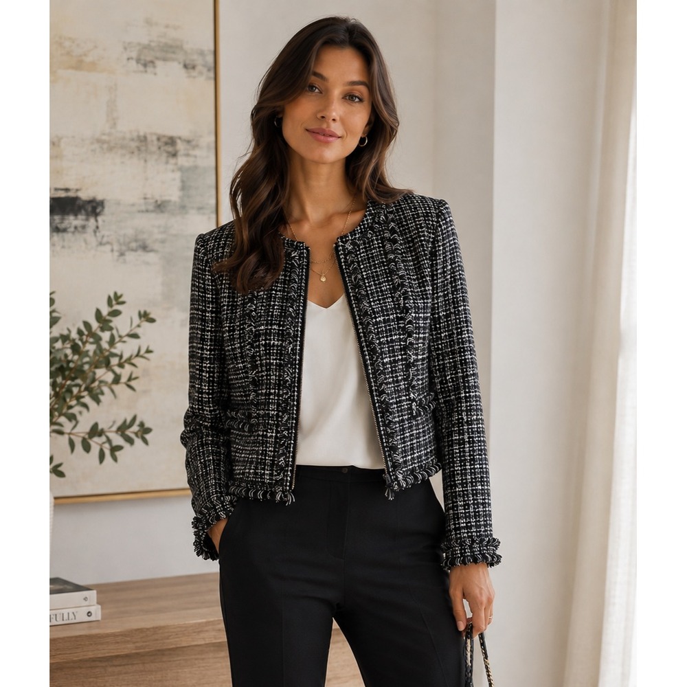Karl Lagerfeld Paris Tweed Zip Career Jacket Black White Chic Women's Size 4